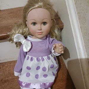 Next Generation Blonde Doll, realistic looking, Purple dress and pants outfit